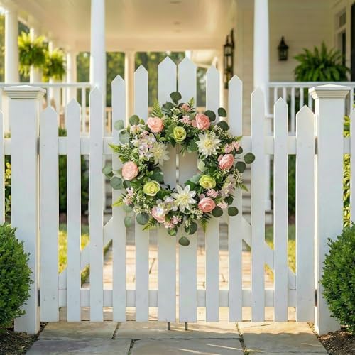 24 Inch Spring Wreath for Front Door - Large Artificial Dahlie & Eucalyptus Floral Wreath, Handcrafted Full Silhouette Summer Wreath for Porch, Window, Wall, Farmhouse Home Decor Easter Holiday Decor - Image 2