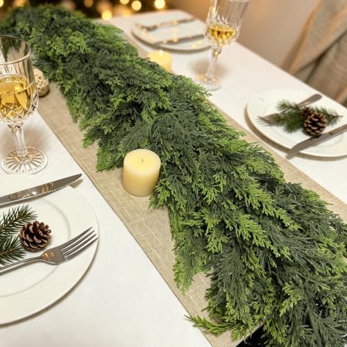 2 Pcs 9Ft Christmas Cedar Garland with Lights Christmas Decorations, Real Touch Soft Lush Green Pine Cedar Garland for Mantel Front Door Porch Fireplace Stairs Table Outdoor Indoor Holiday Home Decor - Image 5