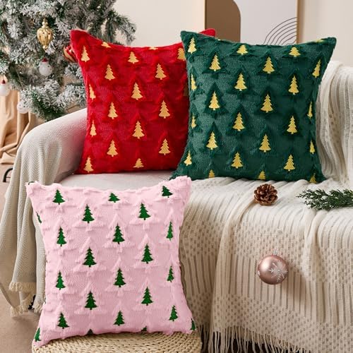 Allorry Christmas Pillow Covers 26x26 Set of 2 Beige Brown Xmas Tree Pillow Covers Soft Plush Faux Fur Christmas Decorations for Xmas Winter Holiday Home Bedroom Sofa Cushion Cases PT-008D26 - Image 5