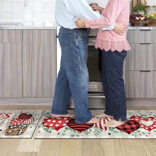 Valentines Day Kitchen Mat Set 2 Piece,Valentine's Day Buffalo Plaid Polka Dot Stripes Love Hearts Kitchen Rugs,Valentines Eucalyptus Leaves Low-Profile Mats for Home Kitchen Decor 17"x48"+17"x30" - Image 5