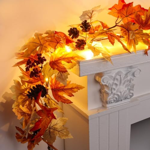 6 FT Lighted Fall Garland with Lights & Timer, Fall Decor Lush Autumn Leaves with Pumpkins, Berries & Pinecones, Pre-Lit Thanksgiving Decorations for Home, Fireplace Mantel & Porch - Image 5