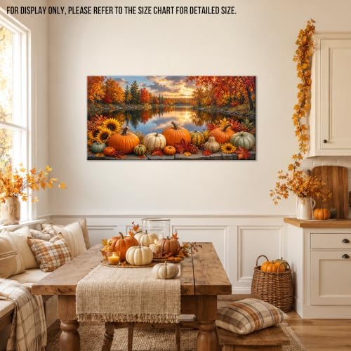 WAXWHELK Fall Canvas Wall Art Pumpkin Autumn Lake Landscape Painting Pictures, Rustic Farmhouse Thanksgiving Artwork for Bedroom Living Room Home Decor, (20"x40") - Image 3