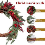 Yinder 20 Inch Christmas Wreath with LED Lights Red Berry Rattan - Image 3