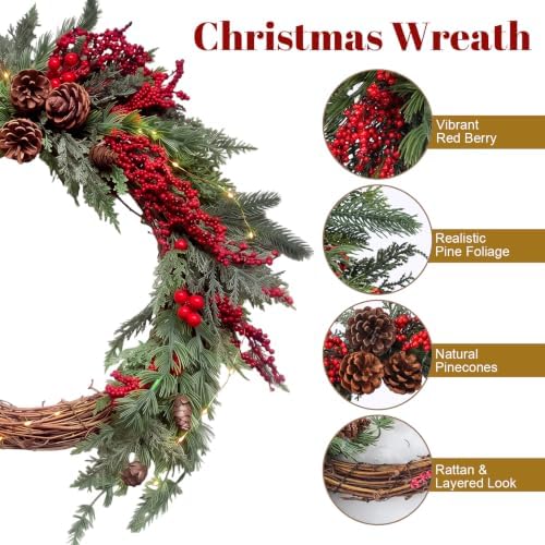 Yinder 20 Inch Christmas Wreath with LED Lights Red Berry Rattan - Image 3