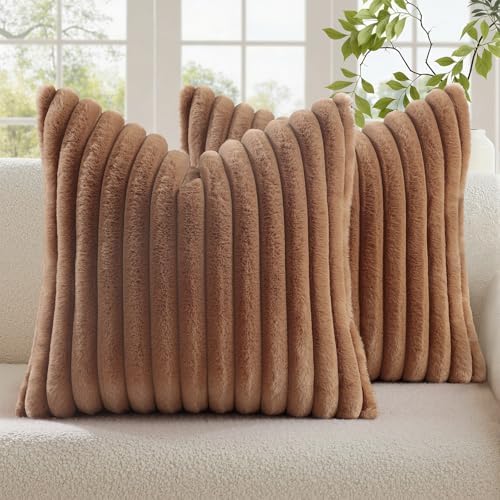 decorUhome Fall Faux Fur Throw Pillow Covers 24x24 Set of 2 Brown by decorUhome