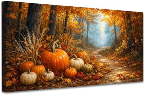 WAXWHELK Fall Canvas Wall Art Pumpkin Harvest Forest Path Painting Pictures Rustic Farmhouse Autumn Thanksgiving Artwork for Living Room Bedroom Home Decor, (20"x40") by Unknown
