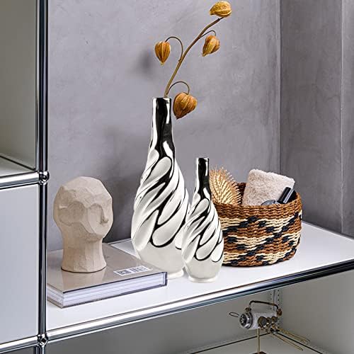 Yundu Ceramic Vase Set of 2, White with Silver, Modern Home Décor, Living Room, Dried Flowers, 14x6x6 inches - Image 2