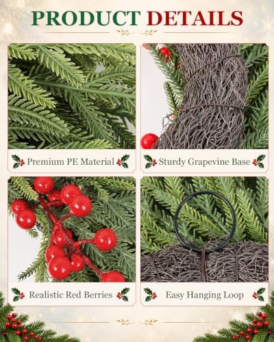 26" Christmas Cedar Wreath - Large Artificial Evergreen Pine Norfolk Wreath - Image 4