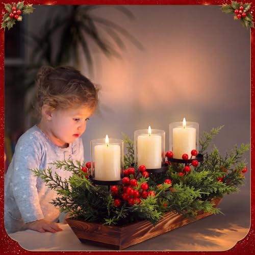 3 Pillar Christmas Table Centerpiece Christmas Candle Holder Artificial Norfolk Pine with Steel Base Frosted Arrangement for Home Decor - Image 2