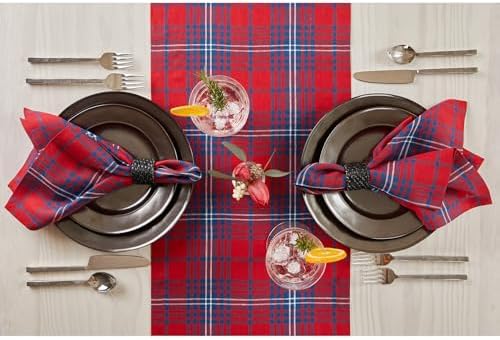 Solino Home 100% Pure Linen Table Runner, 14 x 90 in, Red and Navy Plaid - Image 3