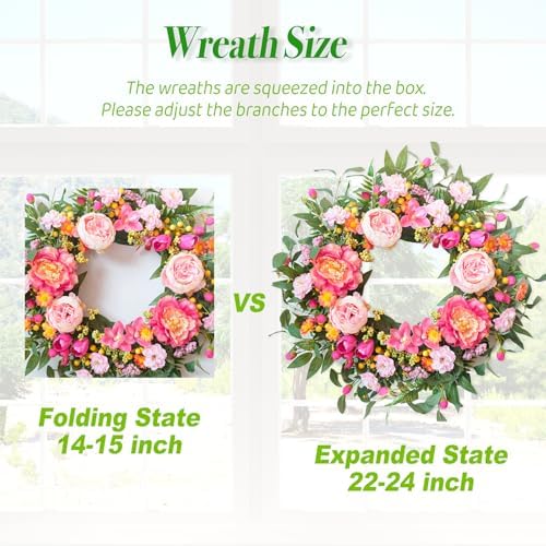 Vibrant Spring Wreaths for Front Door, 24 Inch Spring Wreath with Pink Peony Tulip Orchid， Artificial Flower Floral Decor for Front Entry Door Wall Window, Summer Decorations Indoor Outdoor - Image 5