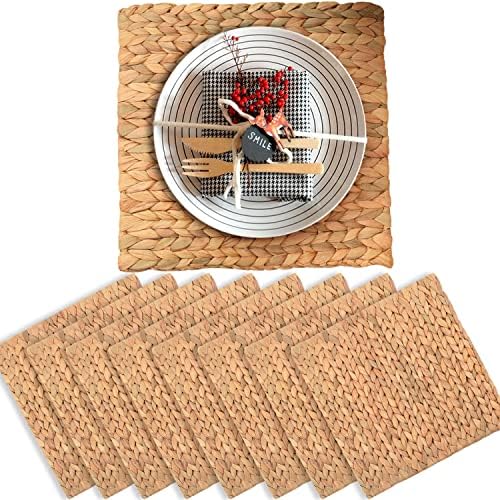 Square Placemats Set of 8, Water Hyacinth Woven Placemats for Dining Table, Boho Rattan Plate Chargers for Dinner Plates, Handmade Wicker Table Mats for Farmhouse and Holiday Decor, 11.8 Inch by EcoFriendlyHomewareVNCK