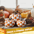 Weysat 3 Pcs Orange and White Fall Pumpkins Resin Checkered Decor - Image 4