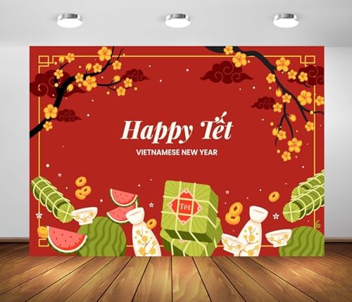 BELECO 15x8ft Fabric Happy TET Vietnamese New Year Backdrop TET Decorations Red Lunar New Year Background Asian New Year Party Decorations Holiday Photoshoot Studio Props by BELECO