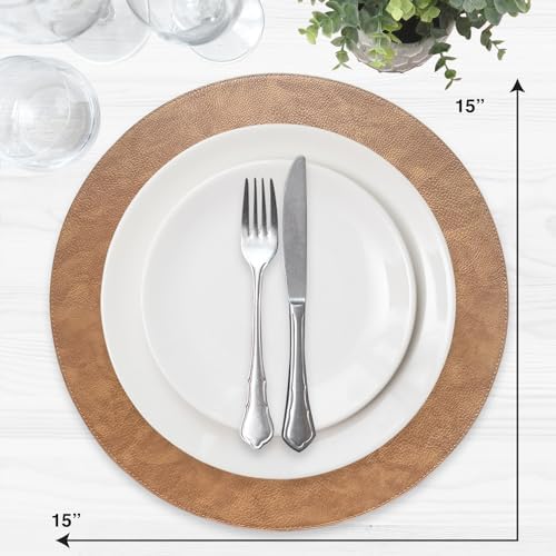 Morgan Faux Leather Round Set of 12 Placemats, 15", Camel, Heat Resistant, Stain Resistant, Non-Slip, Reversible, Durable Table Mats for Kitchen, Dining Table, Indoor Washable Use - Image 3