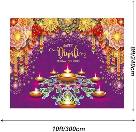 10x8ft Diwali Backdrop Fabric Purple Happy Diwali Festival of Lights Photography Background Extra Large Banner Room Decor - Image 3