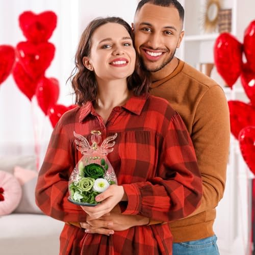 FIACO Gifts for Women Birthday Preserved Rose Forever Flower in Glass Angel Figurines Fresh Flowers for Delivery Prime for Mom Real Green Roses for Grandma Sister Wife Her from Daughter - Image 5
