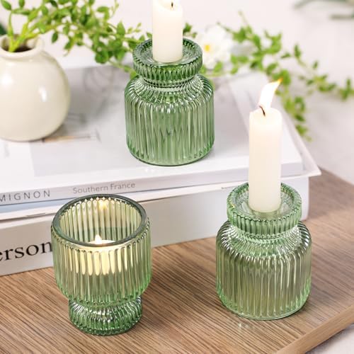 DARJEN 6 Pcs Green Candlestick Holders - Glass Taper Candle Holders Tealight Votive Candle Holders for Table Centerpieces, Wedding, Dinner Party, Home, Gifts (Pack of 2) - Image 4