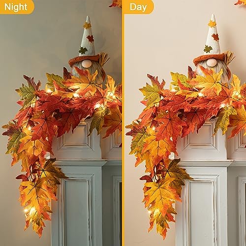 Glitzhome 2Pcs Fall Maple Leaves Garland with Lights，Fall Thanksgiving Decorations Garland with Timer for Home Porch Front Door Table Mantle Outdoor Autumn Harvest Halloween Decor, 6Ft 20LED - Image 6