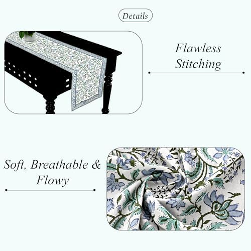 Ridhi Hand Block Print Table Runner Columbia Blue 16x106 Inch 100% Cotton - Image 3