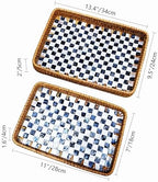 Set of 2 Rectangular Mother of Pearl & Rattan Trays - Handwoven Wicker Serving Trays for Coffee Table & Vanity - Boho Decorative Nesting Basket Organizers for Home (Black & White) - Image 3
