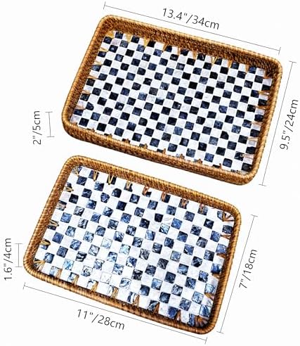Set of 2 Rectangular Mother of Pearl & Rattan Trays - Handwoven Wicker Serving Trays for Coffee Table & Vanity - Boho Decorative Nesting Basket Organizers for Home (Black & White) - Image 3