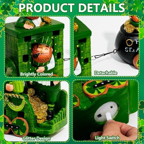 YIYA 3 Pcs Ireland St Patricks Day Decorations Train Figurine with Lighted Leprechaun Irish Resin Tabletop Centerpiece Decor for Home Tiered Tray Decor - Image 4