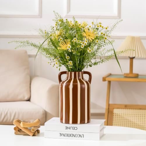 Ceramic Flower Vase with Handles, Modern Brown Striped Decorative Vase for Home Decor, 9.1" Art Floral Tall Flower Vases for Living Room & Kitchen, Mantel & Bookshelf, Centerpieces, Entryway - Image 3
