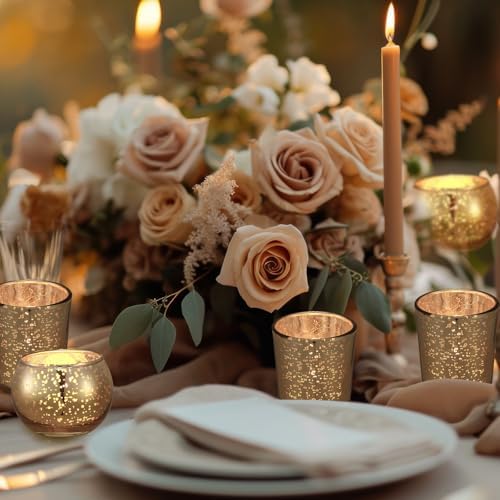 Funnymoom 12 Set Assorted Votive Candle Holders with LED Tea Light Decorative Mercury Glass Votive Tealight Holder Flameless Battery Operated Wedding Centerpieces Bridal Party Table Decoration (Gold) - Image 5
