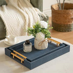 Modern Decorative Tray Set of 2, Blue Shagreen Leather Tray, Rectangle Serving Trays with Gold Polished Metal Handles, Ottoman Trays Coffee Table Perfume Kitchen Home Decor - Image 5