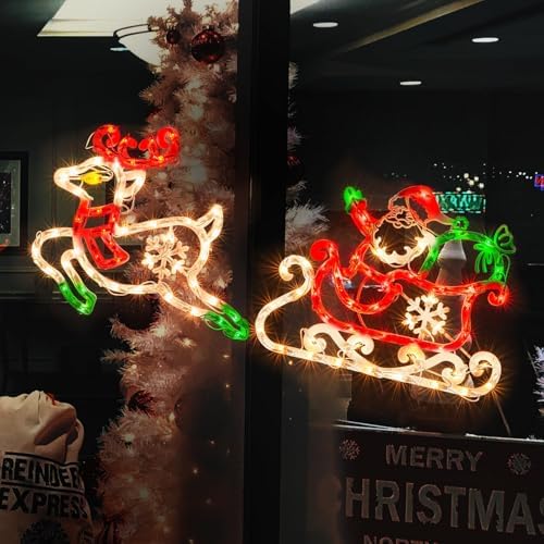 50L Lighted Christmas Sculpture,Including: Deer x1,Santa and Sleigh x1， for Holiday Indoor and Outdoor Wall Door Christmas Window Decorate - Image 2
