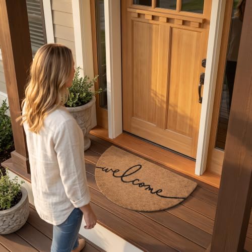 THEODORE MAGNUS Half-Moon Welcome Doormat | 100% Natural Coir | Modern Script, Anti-Slip Backing | Semicircle Outdoor Front Door Mat - Image 4