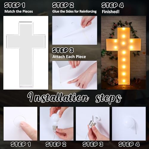 Maxcheck 4FT Easter Cross Decor, Light Up Jesus Cross Sign Decor Standing DIY Large Marquee with Bulb Light String Foam for Easter Christian Religious Yard Garden Lawn Party - Image 3