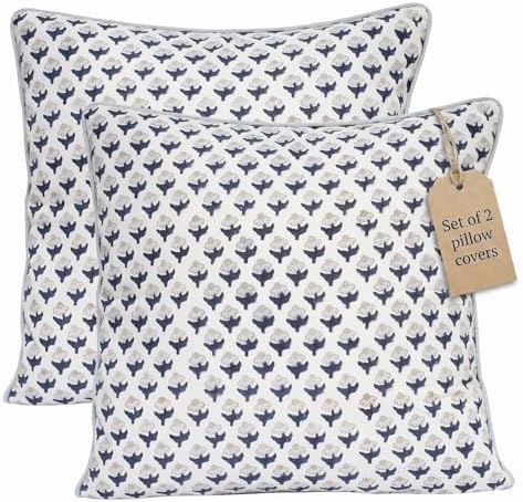 Set of 2 Cotton Pillow Covers Blue 20x20 Floral Pillow Cover Farmhouse Cottage-Style Living Spaces Throw Pillow Cover Decorative by LineandLoop