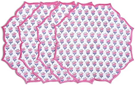 CPC Pink Sapphire Block Print Cotton Floral Placemat 15x15 Inch, Set of 4 by COTTONPRINTCLUB