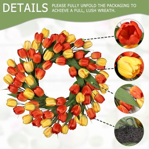 24 Inch Tulip Summer Wreath for Front Door Spring Silk Wreath with Green Leaves Artificial Tulip Flower Wreaths for All Seasons Farmhouse Porch Wall Living Room Home Widding Decor - Image 2
