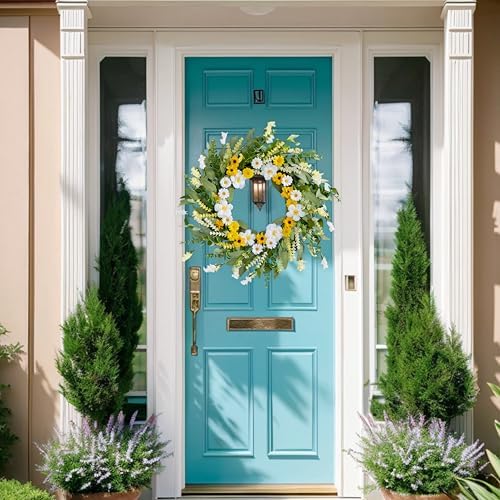 Artificial Spring Wreath 22 Inch Spring Wreaths for Front Door Summer Wreath with White Yellow Daisy Lavender and Green Leaves for Wall Porch Farmhouse Party Easter Celebration - Image 3