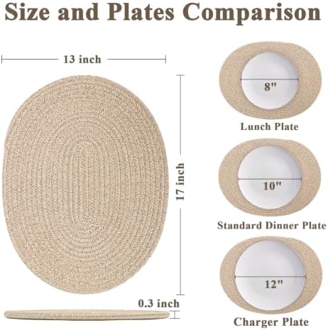 Oval Woven Cotton Placemats Set of 6, Thick Braided Rope Table Mats, 17 x 13 Inches Large Non Slip Heat Resistant Place Mats for Dining Table, Farmhouse Boho Hot Pads for Kitchen Decor (6, Brown) - Image 2