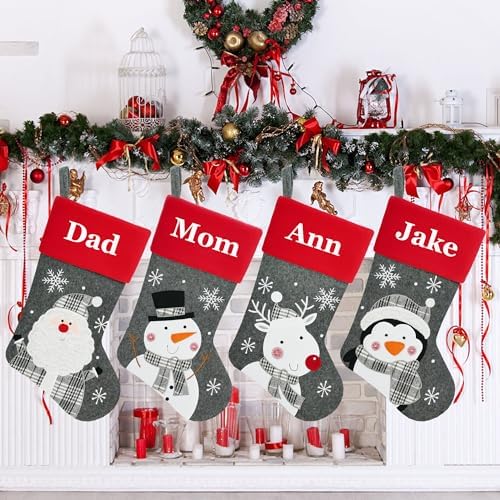 Set of 4, 18" Dia Personalized Gray Christmas Stockings with Embroidery Names, Quality Thick Fleece Material Stockings for Family Decor(Santa Snowman Elk Penguin) - Image 5