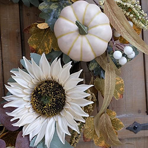 idyllic 20" Fall Wreath for Front Door with White Sunflower Artificial Pumpkins,Green & Yellow Leaves Harvest Wreath for Festival Thanksgiving Farmhouse Wall Home Decor - Image 7