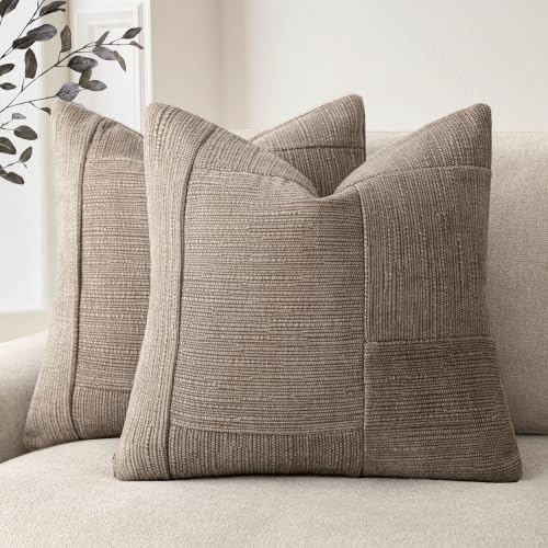 Foindtower Set of 2 Decorative Patchwork Chenille Throw Pillow Covers Textured Modern Vintage Cushion Covers Neutral Boho Accent Home Decor for Sofa Chair Couch Bed Living Room,22×22 Inch,Taupe Gray by Foindtower