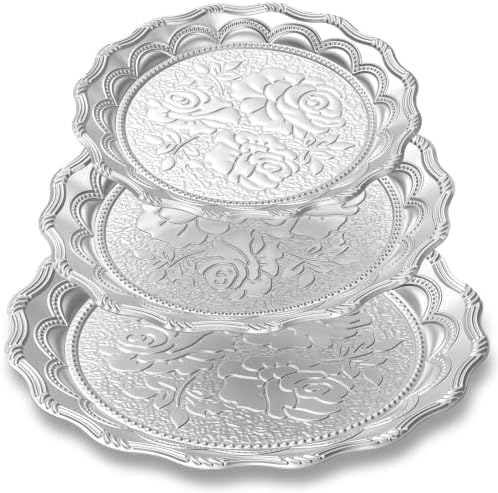 Rtteri 3 Pack Silver Serving Trays Set 8''/10''/12'' Vintage Embossed Round Coffee Table Platters Party Decor Metal Plates Silver Plated Jewelry Display Plates for Wedding Dessert Fruit (Rose) by Rtteri