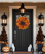 Artificial Fall Leaf Wreath for Front Door – 24" Autumn Wreath with Lifelike Fagus Sylvatica Foliages – Orange Yellow – Rustic Thanksgiving & Halloween Decoration for Indoor & Outdoor - Image 6