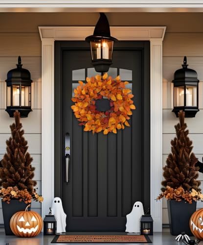 Artificial Fall Leaf Wreath for Front Door – 24" Autumn Wreath with Lifelike Fagus Sylvatica Foliages – Orange Yellow – Rustic Thanksgiving & Halloween Decoration for Indoor & Outdoor - Image 6