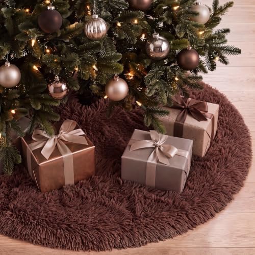 Chocolate Brown Faux Fur Christmas Tree Skirt 60 Inch Plush Tree Skirt by Skylety