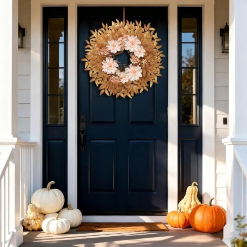 24 Inch Fall Wreath for Front Door, Autumn Harvest Wreaths with Yellow Leaves, Dahlia, Artificial Wreath for Indoor Outdoor Porch Thanksgiving Home Farmhouse Decorations - Image 6