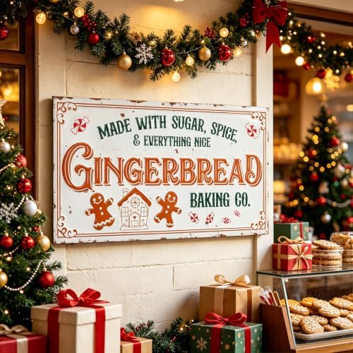30" Vintage Metal Christmas Wall Sign - Gingerbread Baking Co. Rustic Wall Mount Holiday Decor Distressed Wall Hanging Iron Plaque Christmas Wall Art for Home Mantel Porch Bakery (White#2) - Image 6