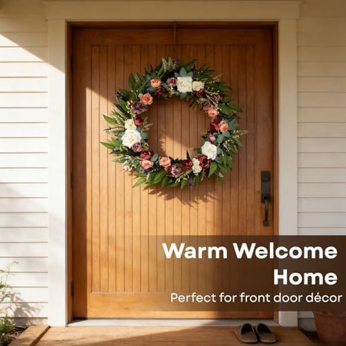 32 Inch Eucalyptus Wreaths with Roses, Hydrangeas, Lavender, Berries, Salal Leaves, Ferns, Dusty Miller, Green Summer Spring Wreaths for Front Door, Large Wreath for Porch Decor - Image 4