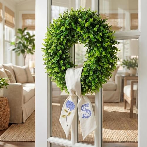 Boxwood Wreath for Front Door Spring Summer Wreaths Farmhouse Hanger,Last Name Initial Year Round Porch Decor,Wreath with Personalized Monogram sash Embroidered Pattern for Multi occasion-20inch (S) by Vofuly