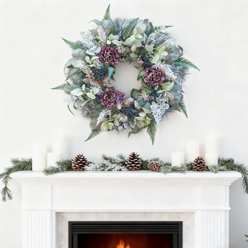 Winter Wreath for Front Door, 24 Inch Christmas Snow Covered Artificial Door Wreath with Purple Peonies, Green Leaves, Pine Cones and Berries, Winter Decor for Indoor or Outdoor - Image 4